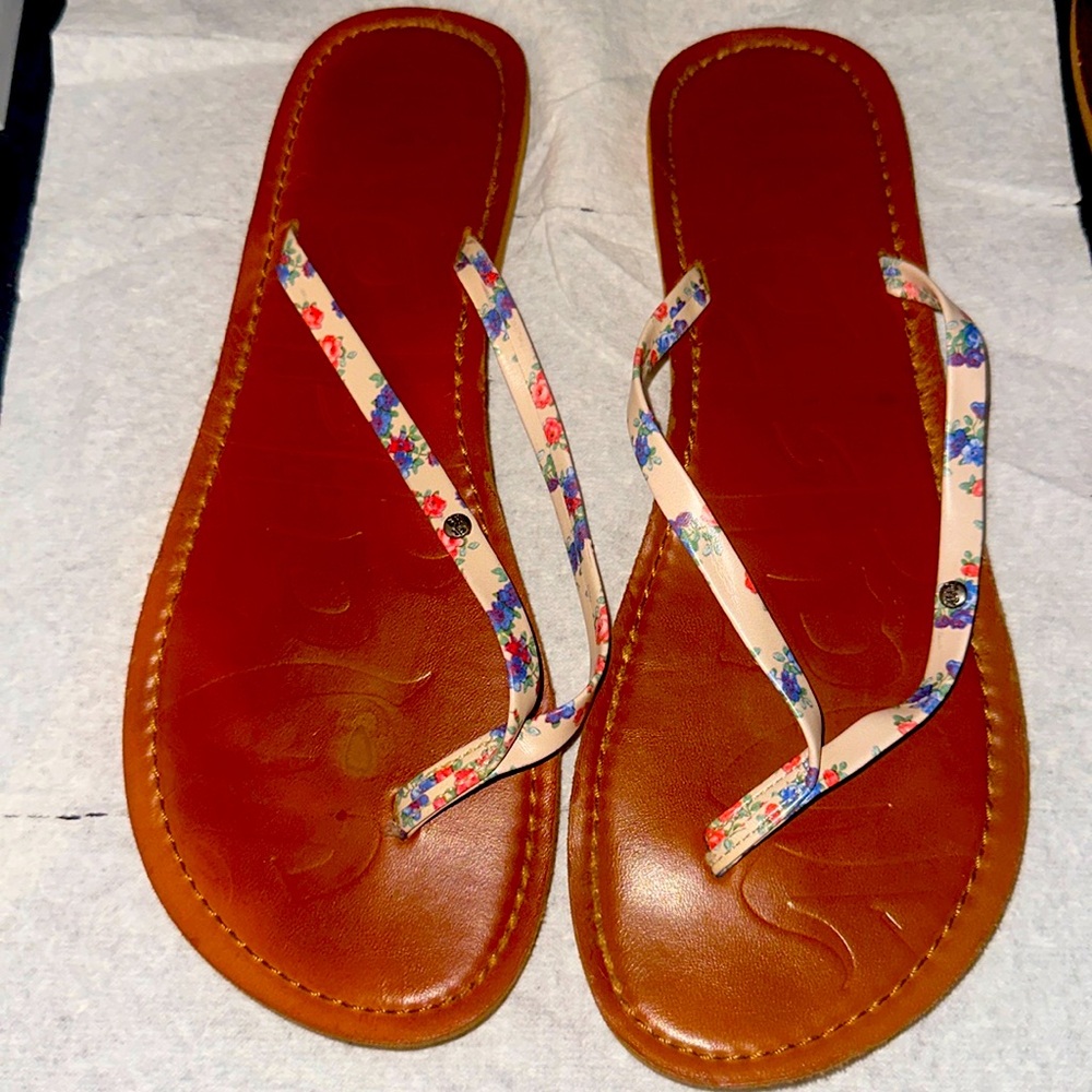 Mad Love Floral Pink and Blue Strap Sandals, Size 9, Like New